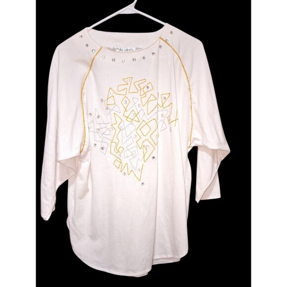 Pretty Cream Colored Shirt By Bonnie Boerer. Rhinestones Gold Trim Woman's Med - Picture 1 of 6